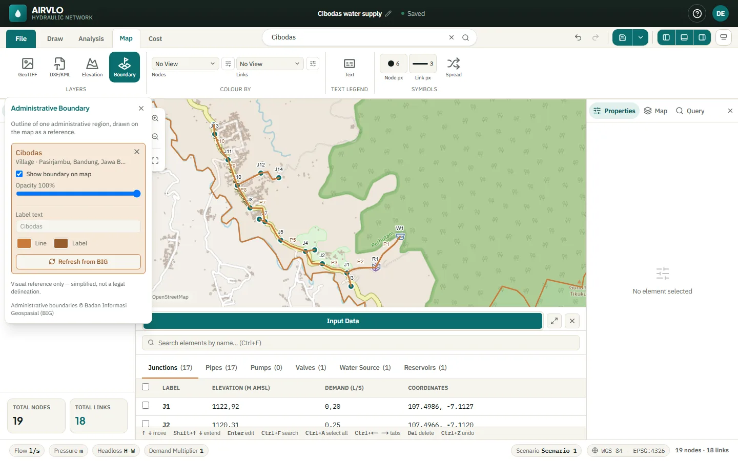 The Administrative Boundary panel for Cibodas village, with show on map, opacity, label text and line and label colours.