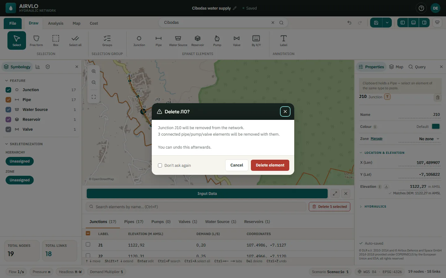 The Delete J10? dialog says three connected pipes go with the junction, with a Don’t ask again box, Cancel and Delete element.