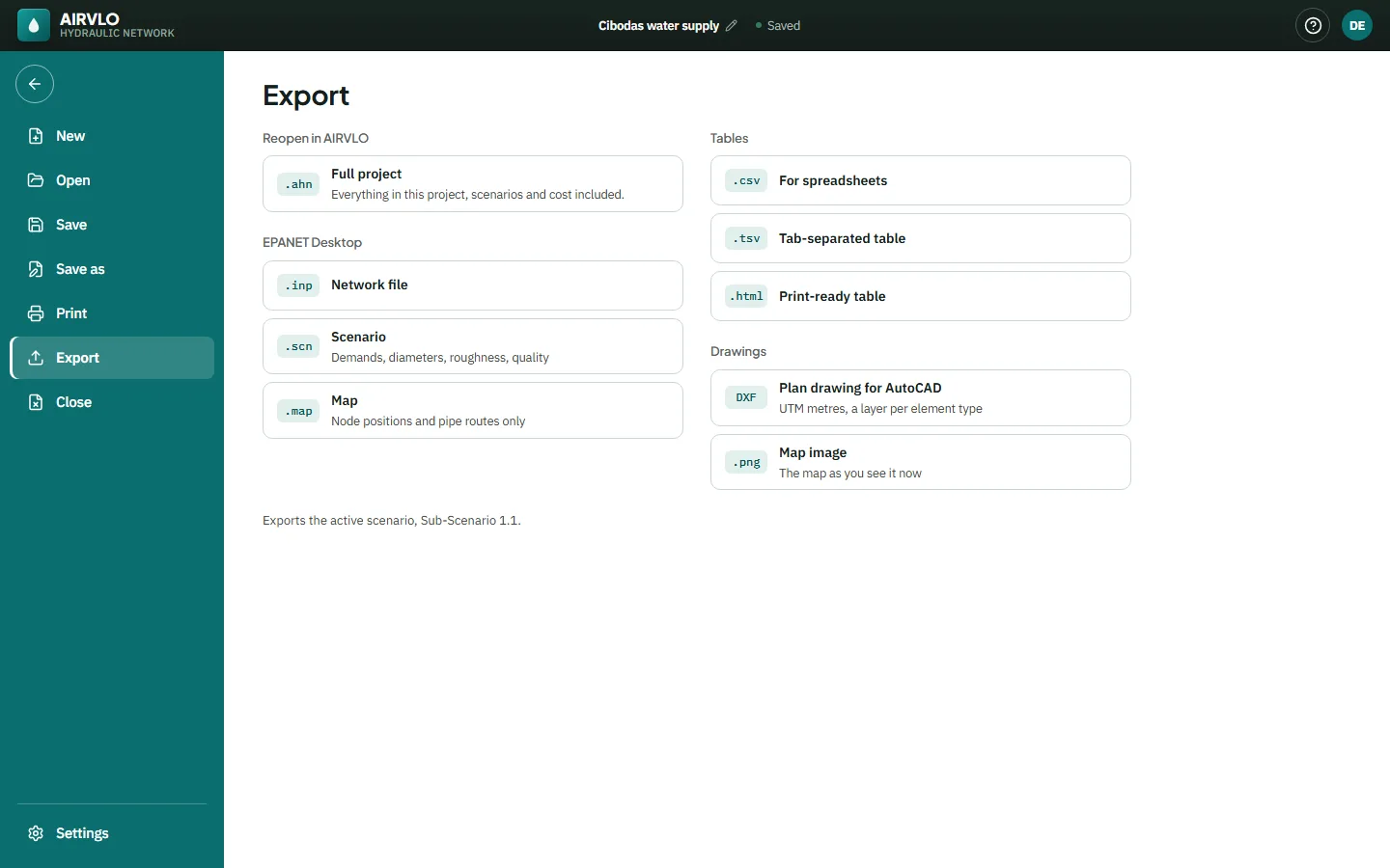File, Export: the full project, network, scenario and map files, tables, a DXF plan drawing and a map image.