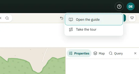 The Help menu with Open the guide and Take the tour.