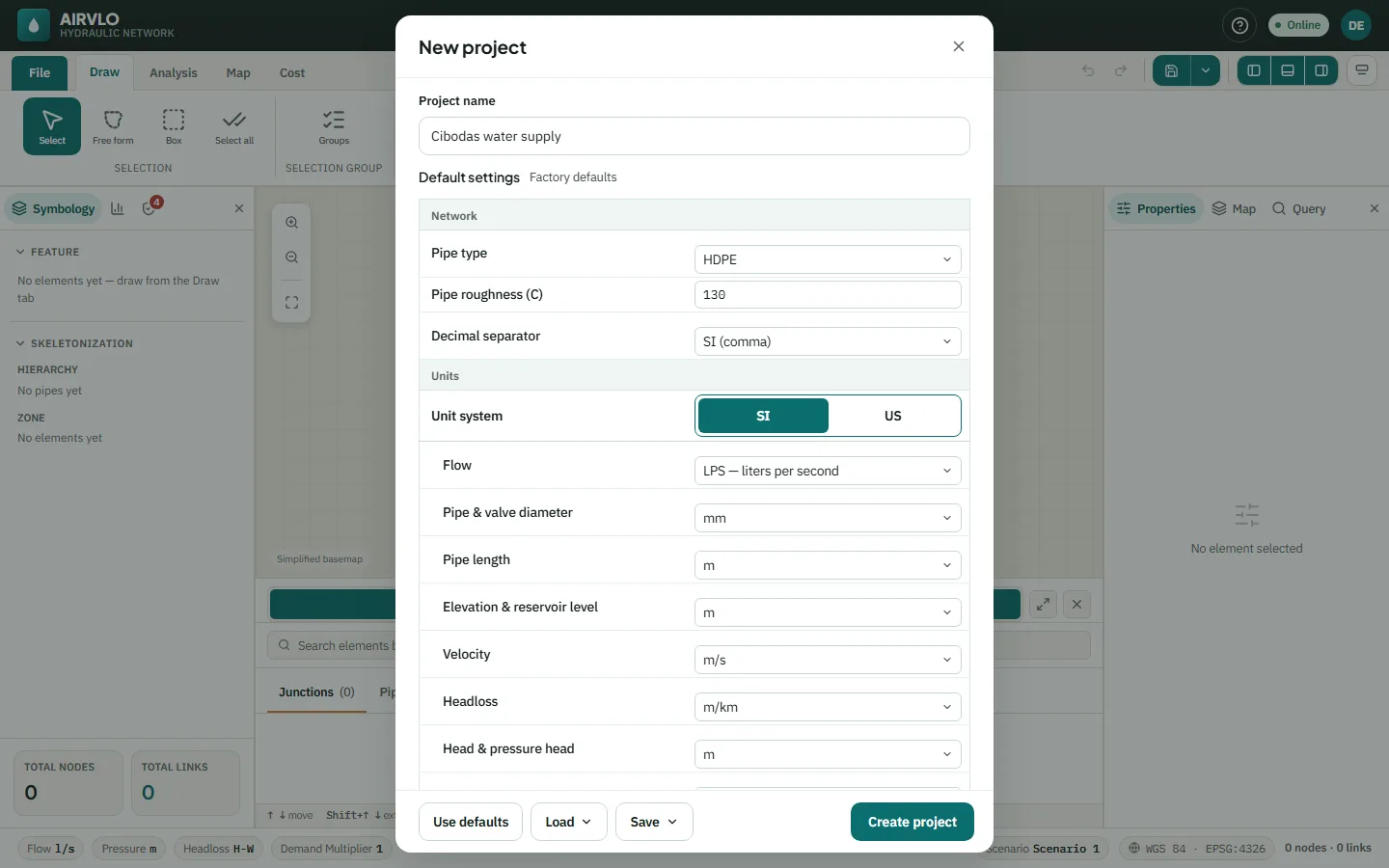 The New project dialog with the project name, pipe type HDPE, roughness 130, the SI unit system and flow in litres per second.