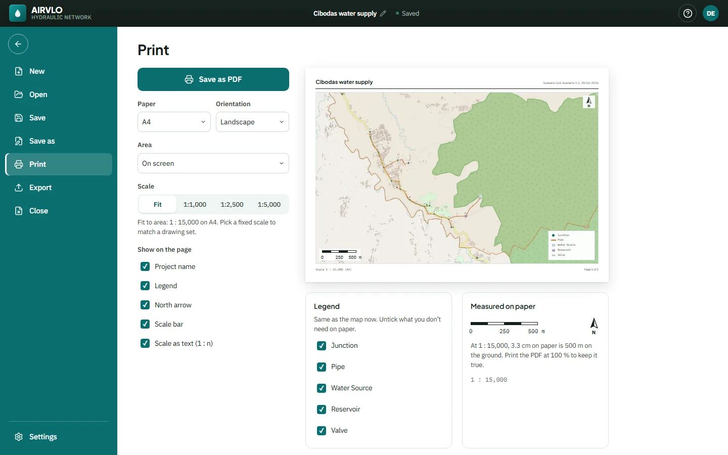 File, Print: paper A4 landscape, area on screen, scale Fit, with a preview of the page showing the network, north arrow, scale bar and legend.